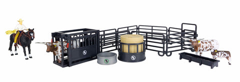 hay bale & hay ring squeeze chute cowboy & horse water trough feed trough longhorn bull longhorn cow - 0